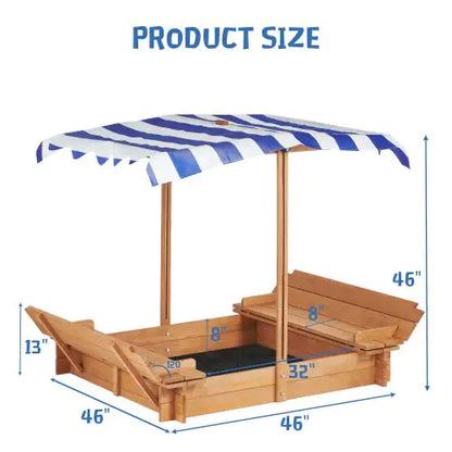 46 Inches Wooden Sandbox With 2 Foldable Benches,